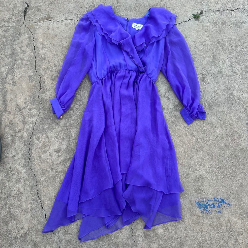 Vintage Nah Nah Collection‎ Purple Ruffle Dress Sheer Long Sleeve Party Dress 14